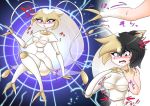  2020 animal_humanoid antennae_(anatomy) arthropod black_hair blonde_hair blush breasts exoskeleton female hair humanoid insect looking_down nageruamado open_mouth sequence sitting solo species_transformation surprise transformation white_body 