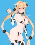  animal_costume animal_ears animal_print beijuu bell bell_choker bikini blonde_hair blush breasts brown_eyes bubble_tea choker cow_ears cow_horns cow_print elbow_gloves gloves hair_bobbles hair_ornament horns large_breasts looking_at_viewer low_twintails pantyhose swimsuit twintails xiaoyuan_(you_can_eat_the_girl) you_can_eat_the_girl 