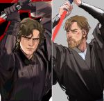  2boys absurdres anakin_skywalker arms_up bangs beard black_gloves brown_eyes brown_hair closed_mouth commentary dark_persona energy_sword english_commentary facial_hair gloves grey_robe highres holding holding_sword holding_weapon lightsaber lips long_sleeves looking_at_viewer looking_to_the_side male_focus mechanical_arm multiple_boys mustache obi-wan_kenobi parted_lips prosthesis prosthetic_arm robe scar scar_across_eye scar_on_face serious short_hair sith split_screen star_wars sword thisuserisalive upper_body weapon what_if 