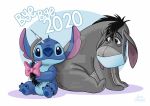  2020 alien animate_inanimate asinus black_hair blue_body blue_claws blue_fur blue_nose blue_pawpads claws disney donkey eeyore english_text equid equine experiment_(lilo_and_stitch) feral fur grey_body hair half-closed_eyes holidays lilo_and_stitch living_plushie long_ears looking_at_viewer mammal mask narrowed_eyes new_year pawpads plushie rebenke ribbons semi-anthro signature stitch_(lilo_and_stitch) text toe_claws watermark winnie_the_pooh_(franchise) 