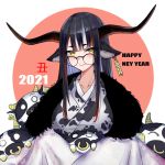  1girl animal_ears animal_print bangs blunt_bangs blush breasts cow_ears cow_girl cow_horns cow_print eyebrows_visible_through_hair fur_trim glasses horns japanese_clothes kakeru_(kakeru) kimono large_breasts mole mole_under_eye original smile solo yellow_eyes 