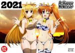  2021 animal_ears animal_print arm_on_shoulder bell bikini blonde_hair blue_eyes blush breast_press breasts brown_hair brown_legwear chinese_zodiac cleavage collar cow_ears cow_print cowbell fake_animal_ears fate_testarossa hair_between_eyes hairband hand_on_another&#039;s_hip horns large_breasts long_hair looking_at_viewer lyrical_nanoha midriff navel nengajou new_year one_eye_closed open_mouth red_eyes side-tie_bikini side_ponytail smile strapless strapless_bikini sunset swimsuit symmetrical_docking takamachi_nanoha thighhighs tsukamoto_takashi very_long_hair wrist_cuffs year_of_the_ox 