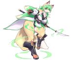  2020 alpha_channel anthro big_breasts breasts canid canine chest_tuft female fox green_eyes green_hair hair hi_res holding_polearm long_hair looking_at_viewer mammal on_one_leg sakamata_orca simple_background smile solo standing thick_thighs transparent_background tuft 