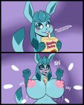  anthro anthrofied before_and_after beverage big_breasts bimbofication blue_body blue_fur blush breasts comic eeveelution english_text eyelashes female fur glaceon hi_res lemondude nintendo nipples pink_nipples pok&eacute;mon pok&eacute;mon_(species) simple_background solo surprise text transformation video_games 