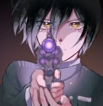  1boy bangs bbjj_927 black_background black_hair black_jacket brown_background brown_eyes commentary_request crying crying_with_eyes_open danganronpa_(series) danganronpa_v3:_killing_harmony face foreshortening glowing gradient gradient_background gun hair_between_eyes handgun hands_up holding holding_gun holding_weapon jacket long_sleeves looking_at_viewer male_focus revolver saihara_shuuichi serious short_hair solo tears weapon 