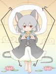  amakaeru animal_ears cloud flower gem gradient gradient_background grey_hair highres lily_(flower) lily_pad nazrin red_eyes smile tail touhou 