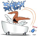  1girl arung_samudra_(cessa) bathtub cessa claw_foot_bathtub dark_skin dark_skinned_female english_commentary english_text lowres ombok_diving_and_delivery_services simple_background soap solo splashing upside-down white_background 