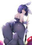  1girl absurdres animal_ears ass back barefoot black_legwear blonde_hair blush bunny_ears bunny_tail cue_ball cue_stick gloves grin highres kneeling looking_at_viewer memeno_kei nijisanji pantyhose playboy_bunny purple_hair shizuka_rin short_hair smile solo tail virtual_youtuber white_gloves 