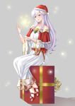 1girl absurdres adapted_costume bare_shoulders box circlet collarbone commission dress fire_emblem fire_emblem:_genealogy_of_the_holy_war gift gift_box grey_background hat highres julia_(fire_emblem) long_hair merry_christmas purple_eyes red_footwear ryuuneart santa_hat short_sleeves silver_hair simple_background sitting sitting_on_box smile solo star_(symbol) white_dress 
