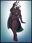  anthro big_breasts blue_eyes breasts brown_body brown_fur crossed_legs cryptid digitigrade equid equine female fours_(artist) fur googly_eyes hand_on_head hi_res hooves horse looking_at_viewer mammal mari_lwyd nipples rose_(disambiguation) shy solo tan_nipples undead veil 