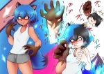  2020 anthro black_nose blue_hair bodily_fluids bottomwear brand_new_animal breast_growth breasts brown_body canid canine clenched_teeth clothing dipstick_tail female gender_transformation green_eyes growth hair humanoid humanoid_to_anthro mammal michiru_kagemori mtf_transformation multicolored_tail nageruamado raccoon_dog sequence shirt short_hair shorts solo species_transformation studio_trigger surprise sweat tank_top tanuki teeth topwear transformation 