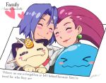  1boy 1girl blush cruz02art gen_1_pokemon gen_2_pokemon highres james_(pokemon) jessie_(pokemon) meowth pokemon pokemon_(anime) pokemon_(creature) smile team_rocket wobbuffet 