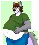  2020 5_fingers absurd_res anthro belly belly_overhang big_belly biped black_claws black_eyebrows black_nose blue_bottomwear blue_clothing blue_pants blushysnoots border bottomwear brown_eyes brown_hair bulge canid canine canis claws clothed clothing countershade_torso countershading deep_navel digital_drawing_(artwork) digital_media_(artwork) eyebrows eyewear fingers fluffy fluffy_tail front_view fur glasses green_background green_clothing green_shirt green_topwear grey_body grey_fur hair half-closed_eyes hand_on_stomach hi_res indietimber_(character) inner_ear_fluff looking_aside looking_away male mammal moobs multicolored_body multicolored_fur narrowed_eyes navel overweight overweight_anthro overweight_male pants portrait shirt short_hair simple_background smile solo standing tail_tuft three-quarter_portrait three-quarter_view toony topwear tuft two_tone_body two_tone_fur wardrobe_malfunction white_body white_border white_countershading white_fur wolf 
