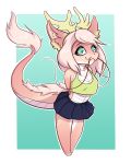  anthro antlers asian_mythology blue_eyes clothing dragon east_asian_mythology eastern_dragon female hair hi_res horn midriff mythology pink_body pink_hair pink_scales ranara scales simple_background smaller_version_at_source smile solo 