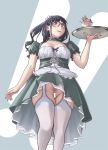  1girl :d bar_censor black_hair breasts censored female_pubic_hair food glasses helpig highres ice_cream long_hair no_panties open_mouth original pubic_hair purple_eyes smile solo thighhighs tray white_legwear 