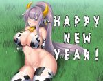  1girl animal_ears animal_print bangs bell bell_choker bikini bikini_top blue_eyes bluedevil63 blush breasts chinese_zodiac choker cow_ears cow_girl cow_print cowbell dated english_text eyebrows_visible_through_hair grass happy_new_year highres horns huge_breasts korean_text last_origin light_purple_hair long_hair looking_at_viewer milk navel new_year on_ground outdoors ponytail signature solo swimsuit t-20s_gnome thighhighs very_long_hair wakamezake year_of_the_ox 