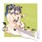  2021 2girls animal_ears bangs bikini breast_grab breasts cleavage collarbone commentary_request cow_ears cow_horns cow_tail curvy ear_tag earrings fake_animal_ears fake_horns fake_tail fang grabbing green_background green_eyes highres horns jewelry large_breasts medium_hair mojarin_(kihara_mojarin) multiple_girls navel open_mouth original purple_eyes purple_hair purple_nails short_hair side-tie_bikini sidelocks sitting sweatdrop swimsuit tag tail thighhighs translation_request twintails two-tone_background white_background white_legwear 