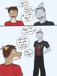  anthro bottomwear clothed clothing comic dialogue duo english_text fish fully_clothed fuze hi_res male marine pants shark shirt t-shirt text topwear 