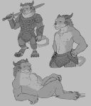  4_ears abs anthro armor body_hair charr chest_hair claws clothed clothing ekayas felid fur greyscale guild_wars hi_res horn lying male mammal monochrome multi_ear muscular muscular_anthro nude on_side simple_background solo standing topless video_games 