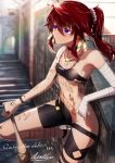  1girl bandaged_arm bandages bangs bare_shoulders bat brown_hair choker cluseller covered_nipples earrings flat_chest jewelry long_hair navel necklace original pointy_ears ponytail purple_eyes revealing_clothes solo tattoo 