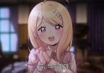  1girl :d ahoge akamatsu_kaede bangs blonde_hair blurry blurry_background blush commentary_request danganronpa_(series) danganronpa_v3:_killing_harmony depth_of_field hair_ornament hands_up instrument long_hair long_sleeves looking_at_viewer musical_note musical_note_hair_ornament open_mouth own_hands_together piano pink_eyes poddo_(potto) portrait school_uniform shirt smile solo sweater_vest twitter_username upper_body upper_teeth 