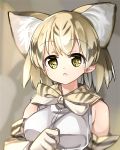  1girl animal_ears bangs blonde_hair bow bowtie cat_ears elbow_gloves extra_ears eyebrows_visible_through_hair gloves highres kemono_friends looking_at_viewer numenume_(powa-ogutyogutyo) open_mouth portrait print_gloves print_neckwear sand_cat_(kemono_friends) sand_cat_print shirt short_hair sleeveless sleeveless_shirt solo white_shirt yellow_eyes yellow_gloves yellow_neckwear 