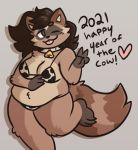  2021 absurd_res animal_print anthro chinese_zodiac chubby_female clothed clothing cow_print cowbell female hi_res mammal partially_clothed procyonid raccoon slightly_chubby solo solo_focus thick_tail thick_thighs year_of_the_ox yuckydizzy 