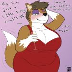  2020 absurd_res alcohol anthro beverage blush breasts canid canine champagne cleavage clothed clothing dress drunk female fox hair hi_res holidays mammal new_year overweight overweight_anthro overweight_female peggy_patterson purple_eyes red_clothing red_dress savagelyrandom short_hair solo substance_intoxication tailwag 