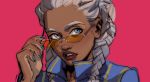  1girl absurdres adjusting_eyewear ahsoka_tano alternate_skin_color blue_eyes blue_jacket blue_nails braid commentary contemporary dark_skin dark_skinned_female english_commentary fingernails grey_hair hand_up highres humanization jacket lips long_hair looking_at_viewer multicolored_hair nail_polish orange-tinted_eyewear parted_lips pink_background portrait simple_background solo star_wars star_wars:_the_clone_wars sunglasses thisuserisalive togruta twin_braids two-tone_hair 
