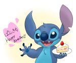  &lt;3 2020 4_fingers alien blue_body blue_claws blue_eyes blue_fur blue_nose blue_pawpads cake chest_tuft claws dessert disney english_text experiment_(lilo_and_stitch) fingers food fur gesture happy_birthday head_tuft hi_res holding_food holding_object japanese_text lilo_and_stitch looking_at_viewer mayoooon_626 notched_ear open_mouth open_smile pawpads plate semi-anthro simple_background smile solo stitch_(lilo_and_stitch) text tuft waving 