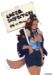  2020 annoyed anthro belt bottomwear brown_body brown_fur canid canine canis clothing domestic_dog english_text female fur hat headgear headwear holding_object holding_sign jacket mammal necktie police_uniform simple_background skirt solo teteteko text topwear uniform white_background 