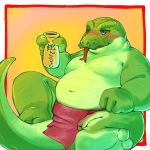 2021 anthro asian_clothing belly blush clothing east_asian_clothing facial_hair fundoshi furipon green_body hi_res japanese_clothing japanese_text kemono lizard male moobs mustache navel overweight overweight_anthro overweight_male reptile scalie sitting solo text tongue tongue_out underwear 