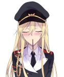  1girl black_neckwear blazer blonde_hair blush closed_eyes closed_mouth eyebrows_visible_through_hair food girls_frontline hat highres jacket long_hair military military_hat military_uniform necktie pocky pocky_kiss shirt solo_focus stg44_(girls_frontline) suprii uniform white_background white_shirt 