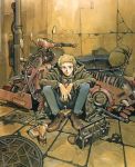  1990s_(style) 1boy blonde_hair goggles goggles_removed ground_vehicle highres key motor_vehicle motorcycle r20 sadamoto_yoshiyuki shoes short_hair sitting smile solo sweater tools traditional_media 