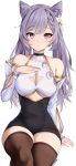  1girl absurdres alternate_costume bare_shoulders breasts casual cleavage cleavage_cutout clothing_cutout double_bun earrings flower genshin_impact hair_bun hair_flower hair_ornament hand_on_own_chest highres jewelry keqing large_breasts long_sleeves looking_at_viewer purple_eyes purple_hair simple_background sitting solo steeb thick_thighs thighhighs thighs twintails underboob underboob_cutout white_background wide_hips zettai_ryouiki 