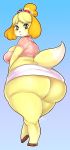  2021 animal_crossing anthro big_breasts big_butt blue_background blush breasts butt canid canine canis clothed clothing domestic_dog female fur hair hi_res huge_butt isabelle_(animal_crossing) looking_at_viewer looking_back mammal nintendo overweight overweight_anthro overweight_female rear_view shih_tzu simple_background slightly_chubby solo spamjamz standing thick_thighs tight_clothing tight_fit toy_dog video_games wide_hips yellow_body yellow_fur 
