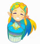  1girl blonde_hair blush braid closed_eyes crown_braid denaseey hair_ornament hairclip long_hair parted_lips pointy_ears princess_zelda simple_background smile solo the_legend_of_zelda the_legend_of_zelda:_breath_of_the_wild triforce upper_body white_background 