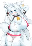  2020 absurd_res anthro bell bell_collar big_breasts blue_eyes blush breasts canid chest_tuft collar corin cowbell ear_tag female fur hair hi_res huge_breasts mammal multi_tail navel open_mouth solo tattoo tuft white_body white_fur white_hair womb_tattoo 