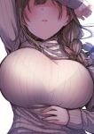  1girl bangs black_bra blush bra braid braided_ponytail breasts brown_hair brown_sweater faceless faceless_female hair_over_shoulder hand_on_own_head hand_on_own_stomach head_out_of_frame highres huge_breasts idolmaster idolmaster_shiny_colors kuwayama_chiyuki long_braid long_hair long_sleeves lying miyoshi_(triple_luck) on_back parted_lips ribbed_sweater single_braid solo sweater underwear 
