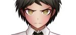  1boy bangs brown_eyes close-up closed_mouth collared_shirt commentary danganronpa_(series) danganronpa_2:_goodbye_despair english_commentary face hinata_hajime ktokei_(kurokku-tokei) looking_at_viewer male_focus necktie serious shirt short_hair simple_background solo white_background 