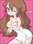  1girl blue_(pokemon) earrings green jewelry lowres nintendo oekaki pokemon solo towel wink 