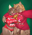  absurd_res anthro arms_tied ball_gag balls boon_digges bound canid canine canis christmas christmas_clothing christmas_lights christmas_sweater christmas_topwear clothing collar domestic_dog duo facial_piercing female flaccid gag genitals gynomorph gynomorph/female hi_res holidays hyaenid intersex intersex/female mammal nose_piercing nose_ring penis piercing selfie spotted_hyena sweater topwear yuzu_zuzu 