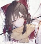  1girl adapted_costume arm_behind_head armpit_cutout armpit_peek ascot bow brown_eyes brown_hair clothing_cutout dutch_angle eyebrows_behind_hair flower fog frilled_bow frills hair_bow hair_tubes hakurei_reimu hand_up head_tilt highres hito_komoru holding light_blush light_particles medium_hair no_pupils parted_lips petals ponytail portrait red_bow red_flower red_ribbon red_shirt ribbon ribbon-trimmed_sleeves ribbon_trim scarf shirt short_hair sidelocks solo sparkle touhou white_flower yellow_neckwear 