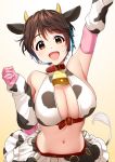  1girl absurdres animal_ears animal_print bell bell_collar belt bikini bikini_top breasts brown_eyes brown_hair cleavage collar commentary_request cow_ears cow_girl cow_horns cow_print cow_tail cowbell elbow_gloves gloves halter_top halterneck headset highres horns idolmaster idolmaster_cinderella_girls large_breasts layered_skirt looking_at_viewer mikapoe navel oikawa_shizuku pink_gloves short_hair skirt solo swimsuit tail 