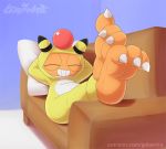  ambiguous_gender ampharos amphy anthro claws foot_fetish foot_focus furniture gobanire nintendo onesie pillow pok&eacute;mon pok&eacute;mon_(species) scraggy sofa solo video_games 