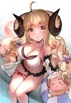  1girl absurdres ahoge anila_(granblue_fantasy) bikini blonde_hair breasts cleavage collarbone draph eyebrows_visible_through_hair granblue_fantasy highres horns ikusaneko large_breasts layered_bikini long_hair looking_at_viewer navel ribbon-trimmed_bikini sheep sheep_horns short_eyebrows solo swimsuit swimwear thick_eyebrows yellow_eyes 