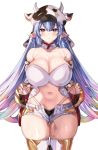  1girl animal_ears animal_print bangs bare_shoulders bikini blue_hair blush breasts cleavage closed_mouth collarbone cow_ears cow_girl cow_hat cow_horns cow_print detached_collar detached_sleeves draph ear_piercing eno_yukimi granblue_fantasy highres horns large_breasts long_hair looking_at_viewer navel piercing pointy_ears purple_eyes shatola_(granblue_fantasy) short_shorts shorts simple_background swimsuit thighhighs thighs very_long_hair white_background white_bikini white_legwear white_shorts wide_sleeves 