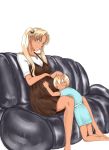  2girls alternate_universe ameagari blonde_hair blue_dress blue_eyes brown_dress commentary_request couch dress gunslinger_girl mother_and_daughter multiple_girls older pregnant short_hair speranza_guellfi spoilers triela twintails what_if 