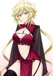  1girl black_legwear blonde_hair blue_eyes breasts carol_malus_dienheim cleavage clothing_cutout frown highres large_breasts long_hair looking_at_viewer low_twintails miona_yui mole mole_under_eye navel_cutout no_panties older parted_lips pelvic_curtain see-through senki_zesshou_symphogear shiny shiny_hair shiny_skin solo teeth thighhighs twintails 