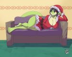  absurd_res anthro big_breasts breasts christmas christmas_clothing christmas_headwear cleavage clothed clothing female furniture hat headgear headwear hi_res holidays lizard looking_at_viewer lying non-mammal_breasts on_side reptile santa_hat scalie sitting smile smiling_at_viewer sofa solo vant_talon 